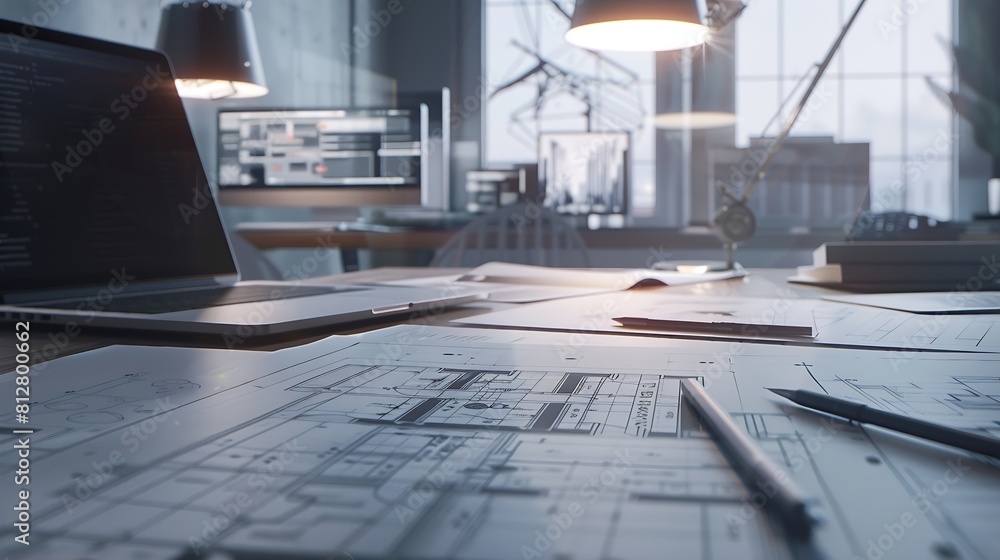 Poster Architect engineer office desk Residential building project blueprints and computer laptop copy space Digital drawings and design : Generative AI