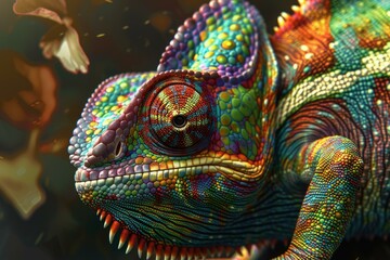 Closeup macro photography of a vibrant. Multicolored chameleon showcasing its vivid. Iridescent scales and intricate texture in its natural habitat
