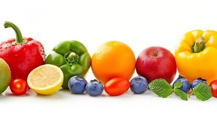 Wide panorama multicolored fresh fruits and vegetables isolated on white background : Generative AI