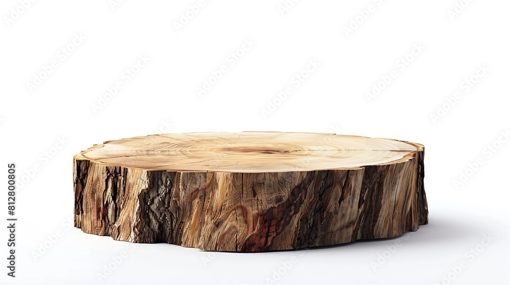 Poster Old wooden podium for display product isolated on white background with clipping path Brown log standing for cosmetic product presentation : Generative AI