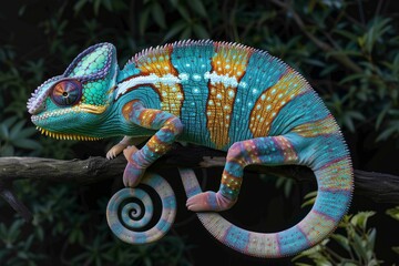 Closeup of a colorful chameleon with intricate patterns, resting on a twig against a dark background