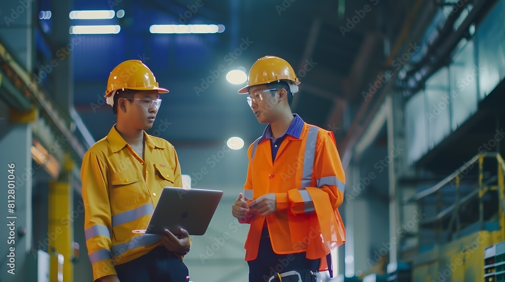 Poster two heavy industry employees in safety uniform and hard hats walking and talking in a factory asian 