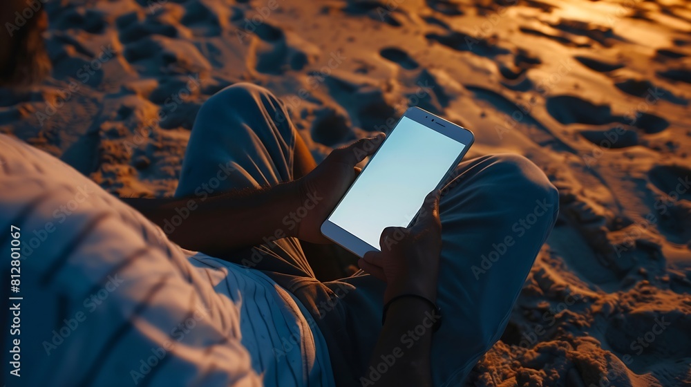 Leinwandbilder mockup image of a man holding mobile phone with blank desktop screen while sitting on the beach : ge