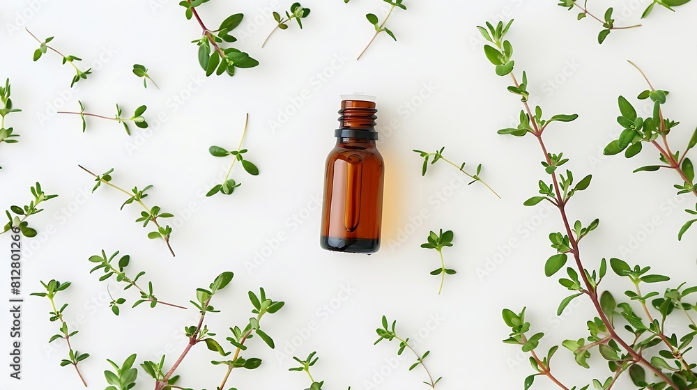 Poster Thyme essential oil in bottle fresh branch and leaves isolated on white background Creative layout Top view flat lay Alternative medicine concept Design element : Generative AI