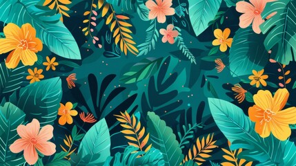 Lush flora and structured patterns converge in a lively. Vibrant tropical flora in artistic illustrations perfect for design projects