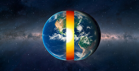 The structure of the earth's crust. Earth cross section in space view. 