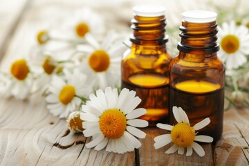 Bottles of chamomile essential oil with fresh flowers on rustic wood