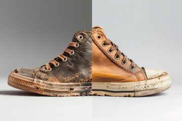 A striking contrast between two conditions of the same shoe