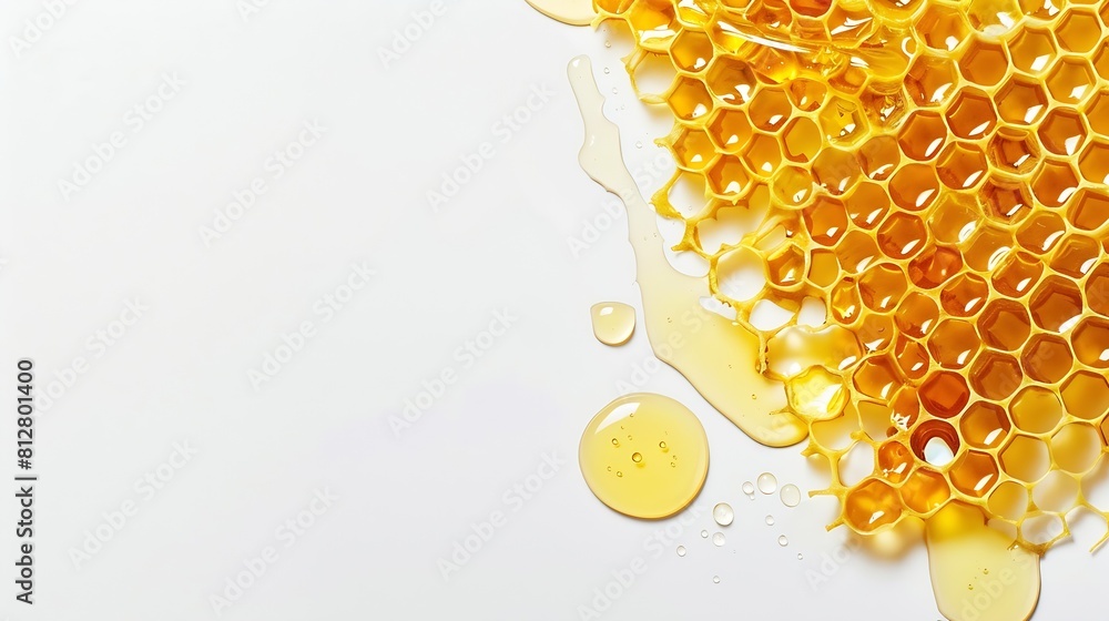 Poster honeycomb with flowing honey syrup isolated on white background honey flat lay top view flat lay : g