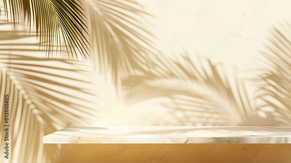 Aufkleber tropical palm tree shadow on cream wall and luxury marble table for product placement natural layout