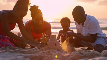 A happy African American family making sandcastle together on a beach : Generative AI - Powered by Adobe