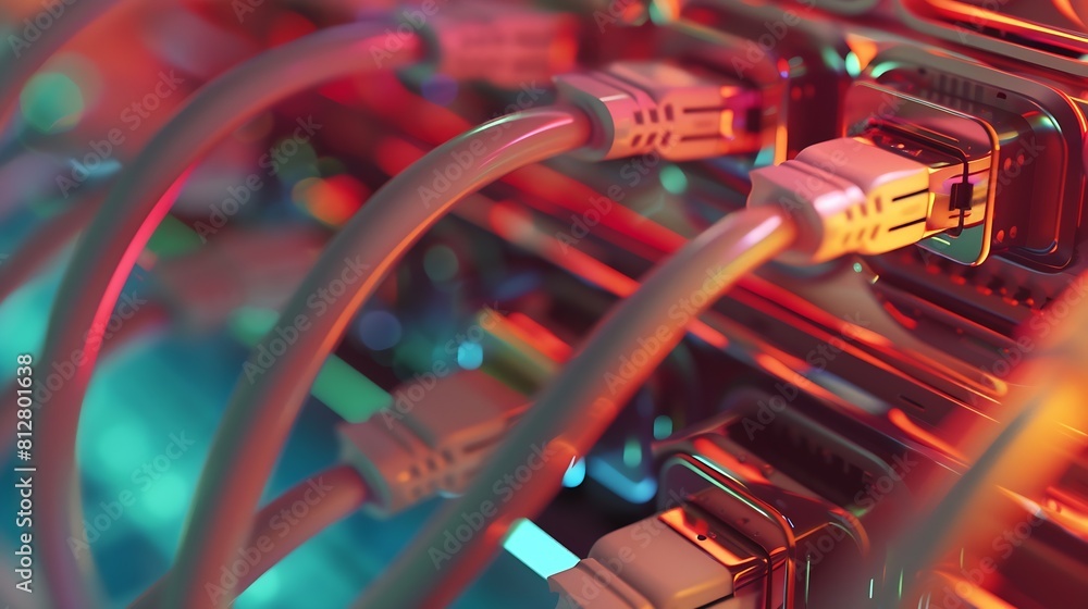 Poster Network cables and hub close up various ethernet cables plugged in network switch : Generative AI