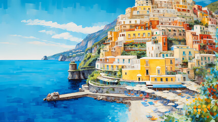beautiful Italian beach colorful houses scene paint oil painting abstract decorative painting