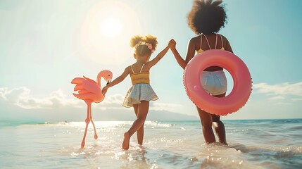 Rear view of young african american woman holding hands of daughter playing with flamingo lifebuoy at beach Lovely bigger sister dancing with cute little female kid wearing inflatable  : Generative AI