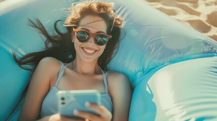 Portrait of charming smiling woman in sunglasses using cellphone and write messages to friends while lying on inflatable mattress on summer beach : Generative AI
