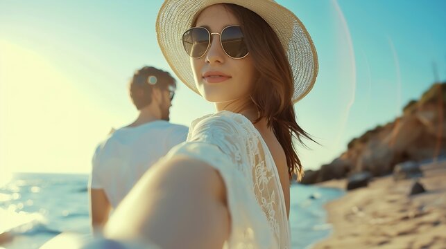 Beauty young woman in white clothes straw hat and sunglasses holding man by hand and walking down to the beach at the seaside in sunny summer day Travel and vacation concept Follow me : Generative AI