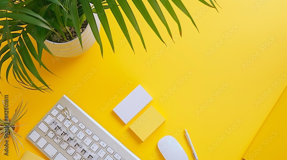 Poster Office desk workspace on bright color yellow background Office table Work space layout with computer keyboard plant mouse notepad notes and copy space Top view office table with palm p : Generative AI
