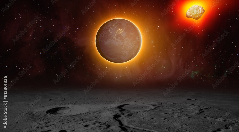 Fototapete The Earth as Seen from the surface of the Moon with Attack of the asteroid on the Earth 