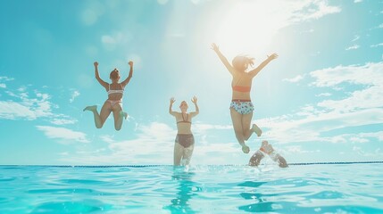 Happy family having fun on summer vacation People jumping in swimming pool against blue sky...