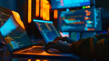 Digital software technology or mobile application development concept Programmer software developer coding HTML program Javascript on laptop computer UX UI user interface wireframe lay : Generative AI