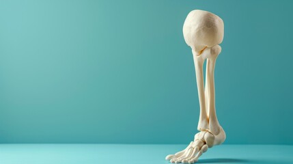 Model of a human knee joint on a blue background. Inflamed knee treatment, pain. Copy space for text, close-up