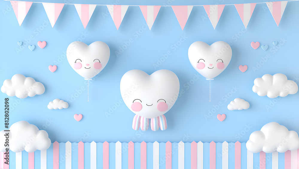 Poster a blue and pink background with three white hearts and a white octopus. the octopus is surrounded by