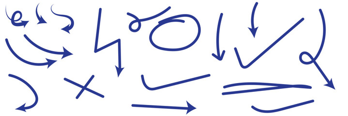 Set of hand-drawn arrows, circles and lines. Collection of hand drawn arrows on a transparent background. Vector arrow icons