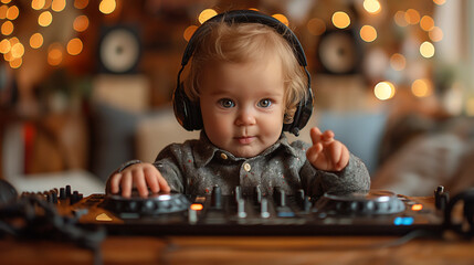 A cute baby acting as a DJ wearing headset and spinning his fingers on the music equipment 