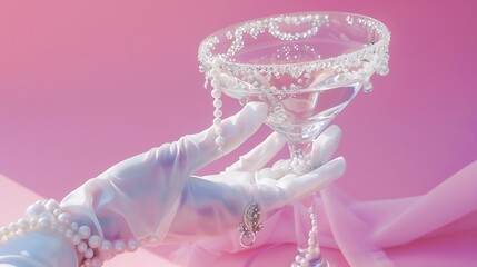 Creative layout with hand in white lace glove  raeching martini cocktail glass with diamonds and pearls on pastel pink background 80s or 90s retro aesthetic fashion concept Romantic dr : Generative AI