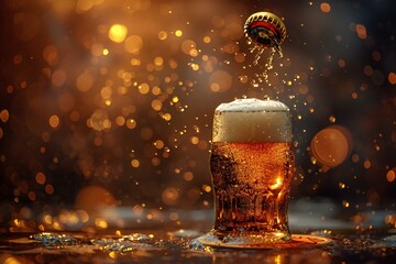 Beer splashing into a glass on a dark background with bokeh