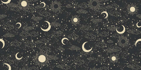 Seamless celestial pattern with sun, moon and stars on black background, mystical astrological background, horoscope vector ornament. Zodiac banner, fabric ornament, wrapping paper.
