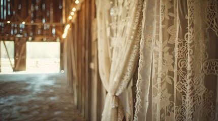 A rustic barn wedding venue decorated with burlap and lace, standing gracefully against a solitary background