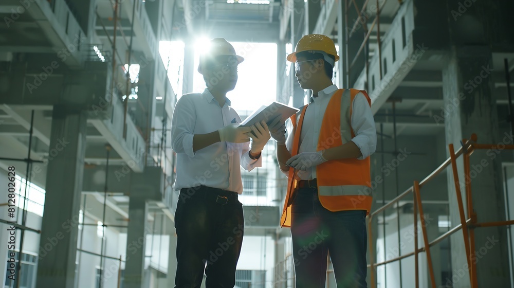 Aufkleber asian contractor and engineer inspecting material in construction building : generative ai