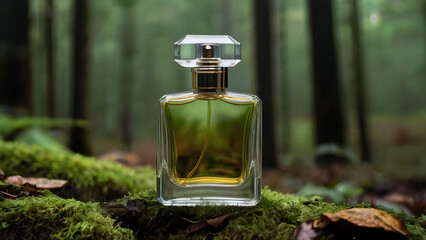 A bottle of perfume without a logo against a forest background, natural colors of the composition, a sophisticated aroma, an ideal gift
