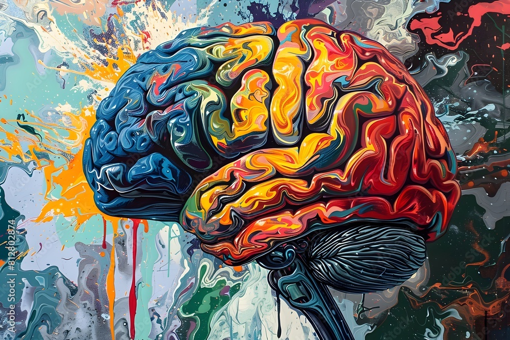 Poster vibrant neo expressionist of the human brain depicting creativity imagination and the complexity of 