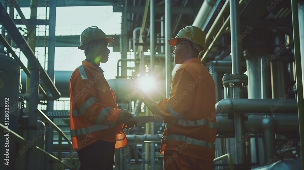 Poster two heavy industry employees in safety uniform and hard hats walking and talking in a factory asian 