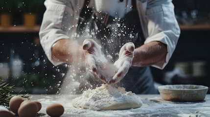 Chef clapping his hands to dust dough with flour, generative ai