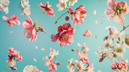 Beautiful spring flowers flying in the air against teal background Creative spring floral layout...