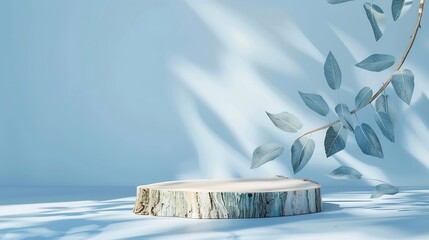 Abstract empty Wood slice podium with leaves shadows on blue background Mock up stand for product presentation Minimal concept Advertising template : Generative AI