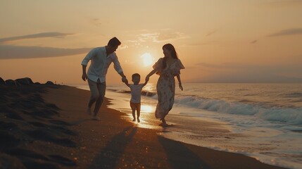 Happy family  father mother baby son hold hands and run with fun along edge of sunset sea on black sand beach Active parents and people outdoor activity on tropical summer vacations wi : Generative AI