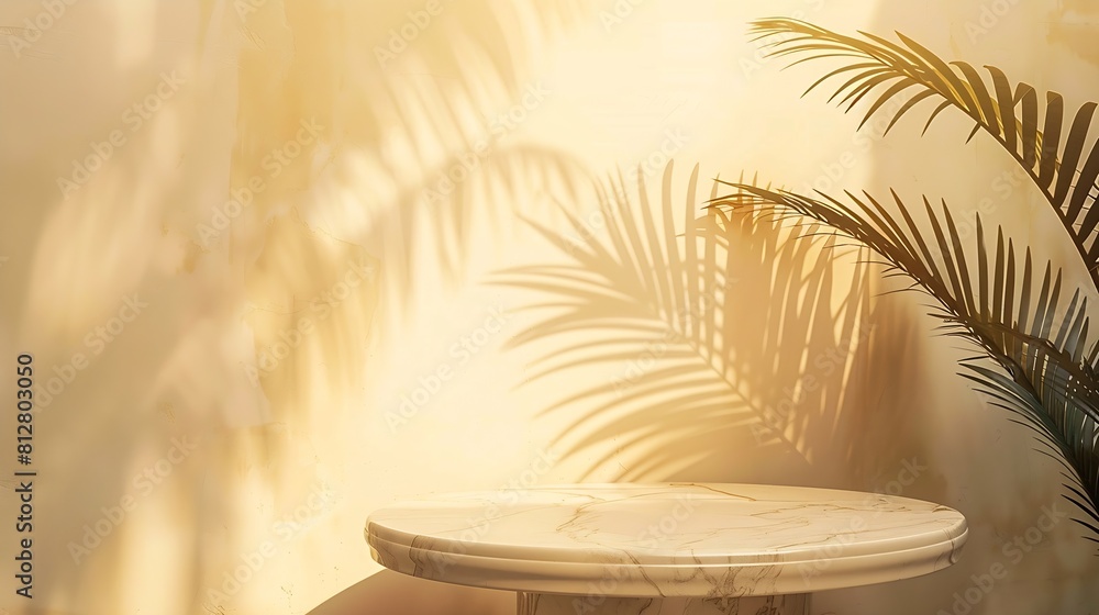 Poster tropical palm tree shadow on cream wall and luxury marble table for product placement natural layout