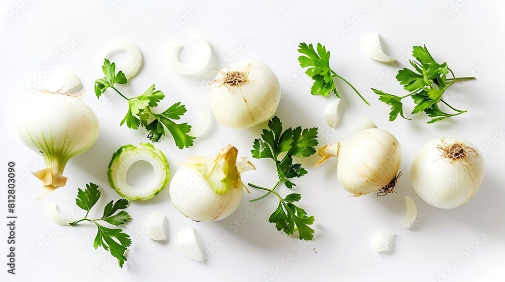Poster onion bulbs and parsley composition and creative layout isolated on white background healthy eating 