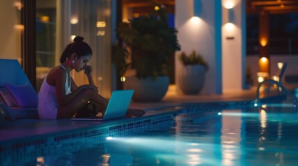 Woman working on her laptop computer sitting at poolside : Generative AI - Powered by Adobe