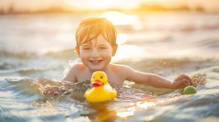 Happy child having fun on summer vacation Kid playing with rubber duck and ball in the sea Healthy lifestyle concept Spring break : Generative AI