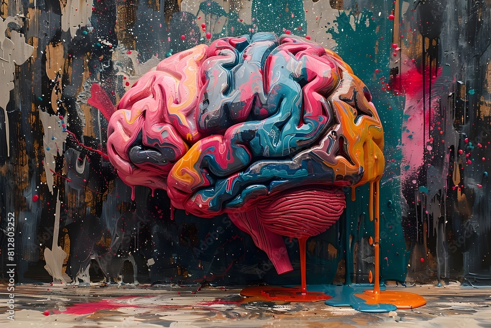 Fototapete Colorful Anatomic Brain Inspired by Neo Expressionist Style with Vibrant Fluid Textures and Splatter Patterns