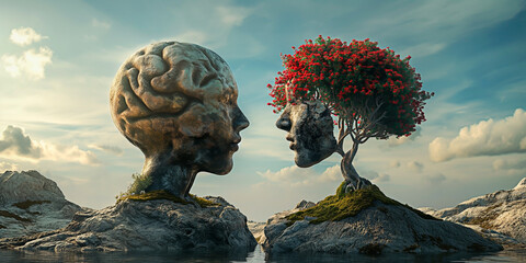 Concept of duality of mental and emotional intelligence with brain made of stone and a tree with red flowers.