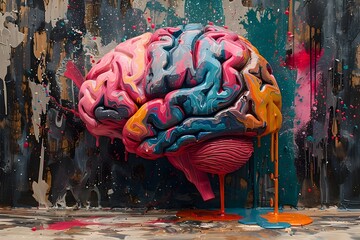 Colorful Anatomic Brain Inspired by Neo Expressionist Style with Vibrant Fluid Textures and Splatter Patterns