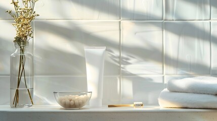 Bathroom concept with towel toothbrushes silkworm cocoons in transparent bowl mirror on white tile wall background In the middle is a plastic tube unlabeled mockup for cosmetic cleanse : Generative AI