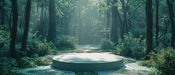 A large, round, green structure is in the middle of a forest