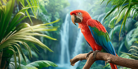 A macaw on a branch against a rainforest with lush foliage and a waterfall. Can be used as background. Concept of tropical paradise and an exotic bird amidst nature's beauty.